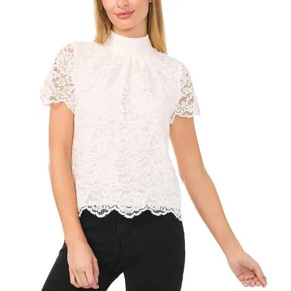CeCe Women White Lace Mock Neck Back Tie Cap Short Sleeve Elegant Blouse Size XL - Picture 1 of 3